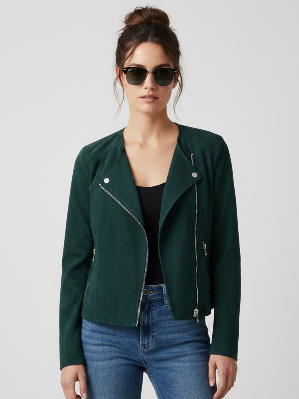 H&M Divided Emerald Green Faux Suede Zip Up Moto Jacket - Size 4